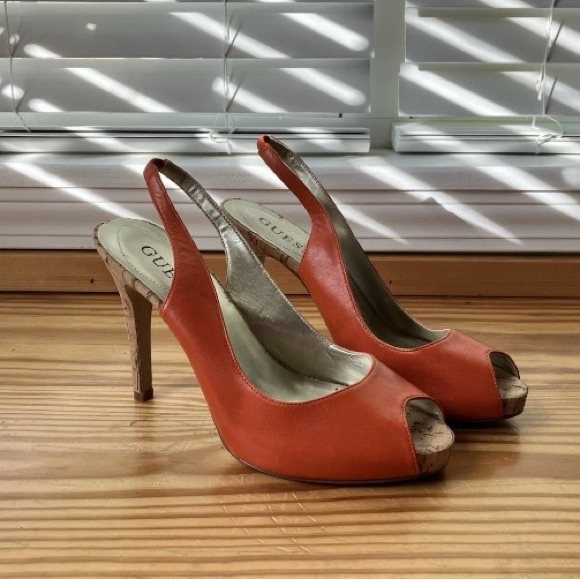 Guess Orange Peep-Toe Slingback Cork Heel Pump Shoes Size 6.5 Fall - Picture 2 of 4
